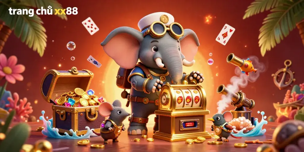 Experience the excitement at trang chủ xx88 with a steampunk elephant operating a slot machine amidst treasures and vibrant casino elements.