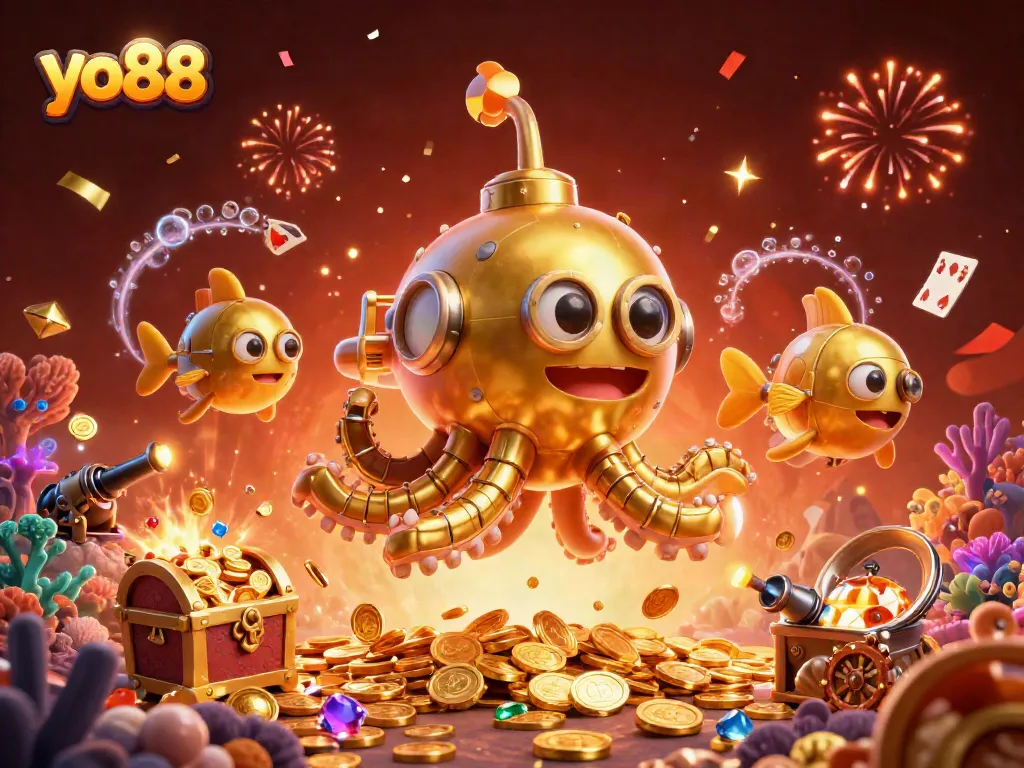 Engage with exciting games at yo88 featuring a golden kraken surrounded by treasures and festive elements.