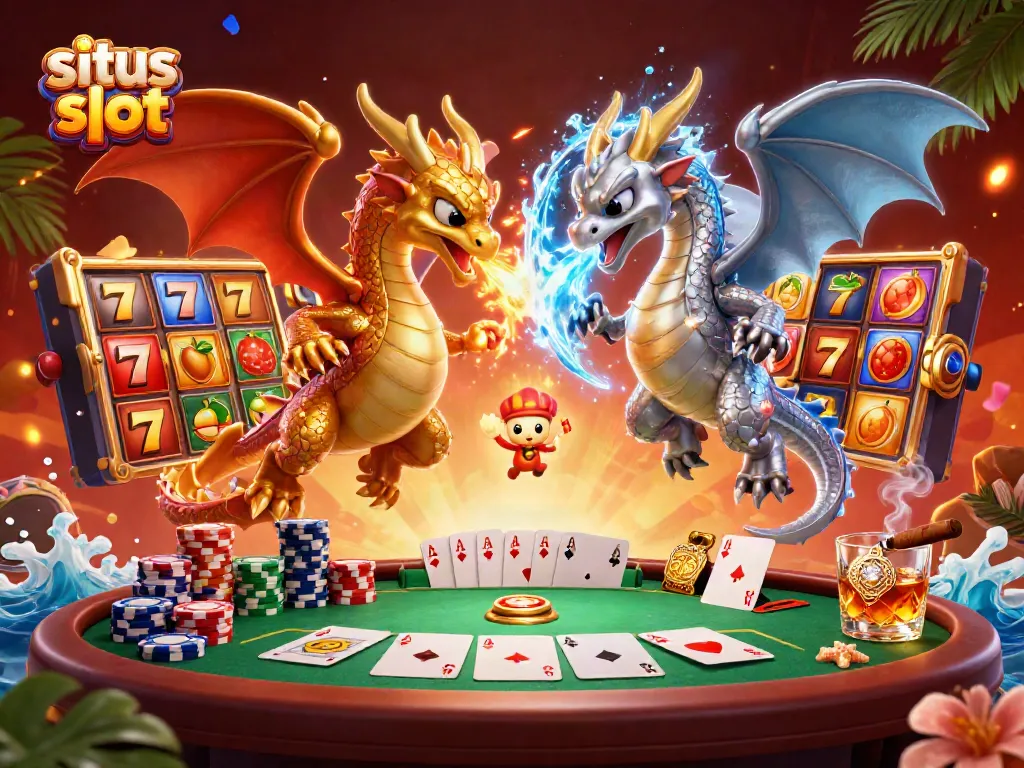 Experience excitement at situs slot with animated dragons and vibrant casino elements.
