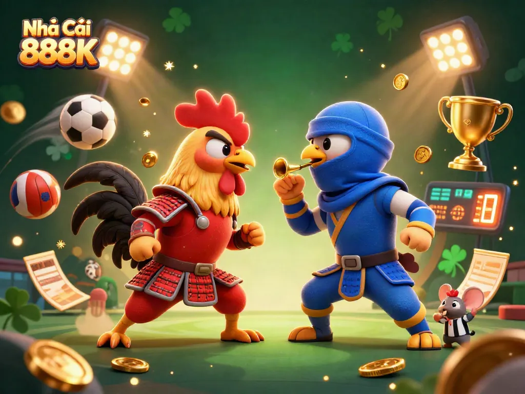 Engage with Nhà Cái 888K through dynamic interactions in a thrilling casino scene featuring battling roosters.
