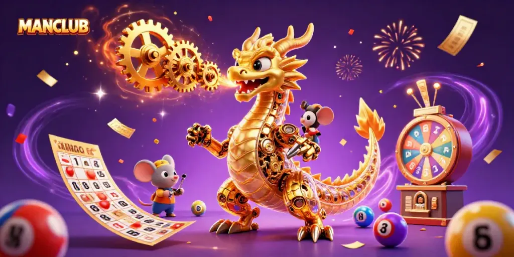 Experience thrilling gaming with MANCLUB featuring a golden dragon amidst bouncing lottery balls and celebratory elements.