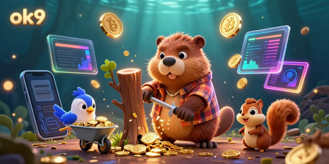 Spin to win with ok9 in this vibrant casino illustration featuring playful characters and gold coins.