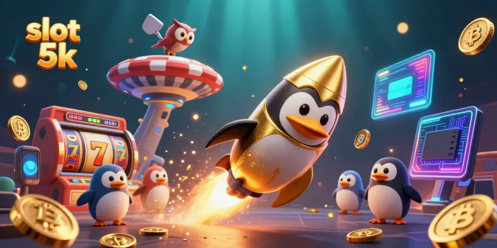 Experience thrilling wins with slot 5k, featuring a vibrant scene of cartoon characters and casino elements.