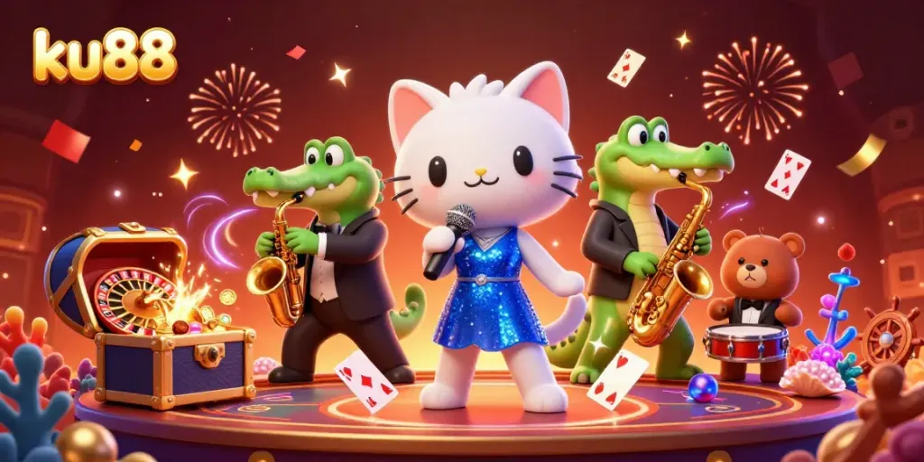 Experience the excitement of ku88 with a vibrant casino scene featuring a jazzy cat, crocodile, and bear amidst playing cards and treasures.