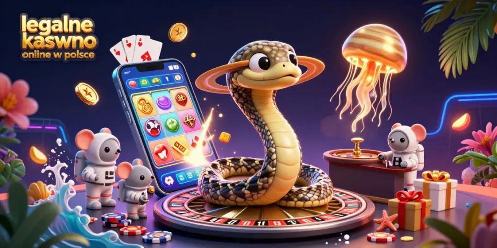 Experience thrilling action at legalne kasyno online w polsce with a vibrant 3D casino scene featuring cosmic characters.