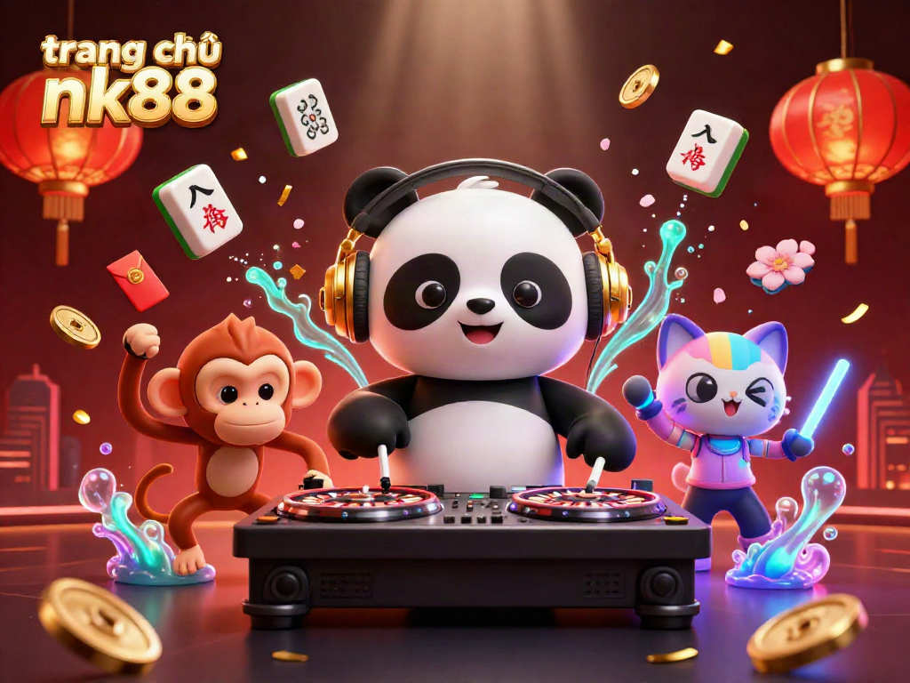 Experience the excitement of trang chủ nk88 with a vibrant casino scene featuring a DJ panda and lively characters.