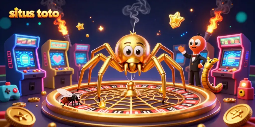 Engage with situs toto as the golden spider spins a roulette wheel, creating a captivating casino atmosphere.