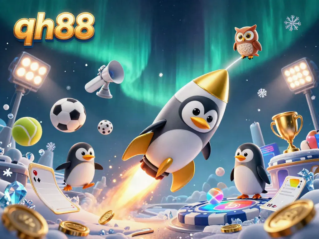 Engage in thrilling bets at qh88 with a 3D illustration of a golden penguin racing through space towards a casino.