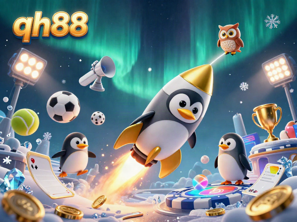 Engage in thrilling bets at qh88 with a 3D illustration of a golden penguin racing through space towards a casino.