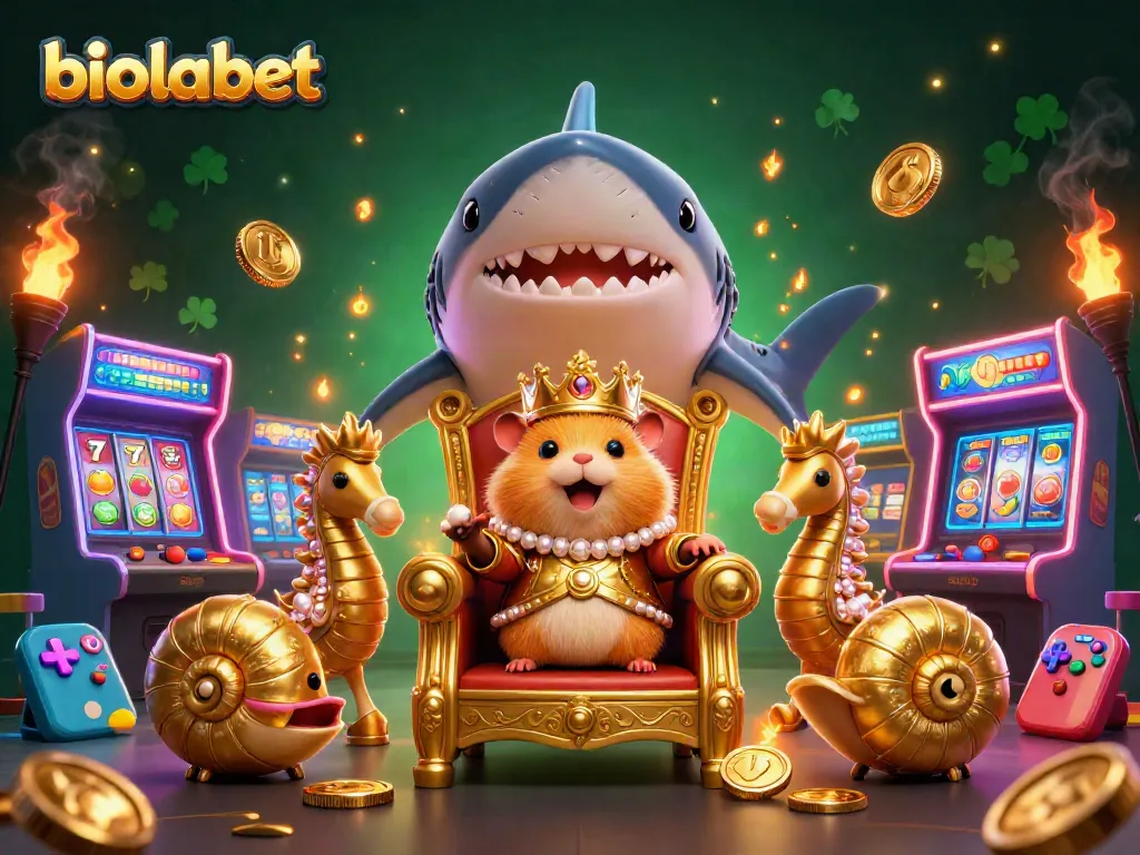 Engage with biolabet's vibrant casino scene featuring a golden hamster king, slot elements, and arcade games.