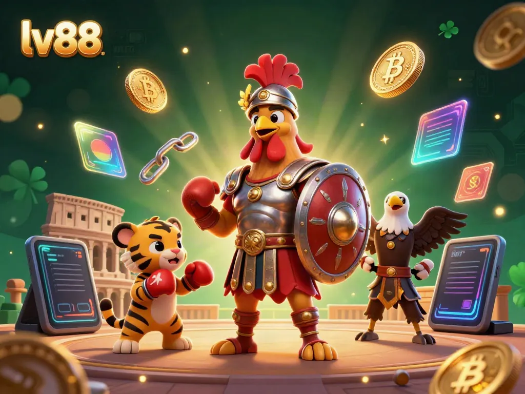 Engage with lv88's vibrant gambling scene featuring a gladiator rooster, crypto elements, and winning energy.