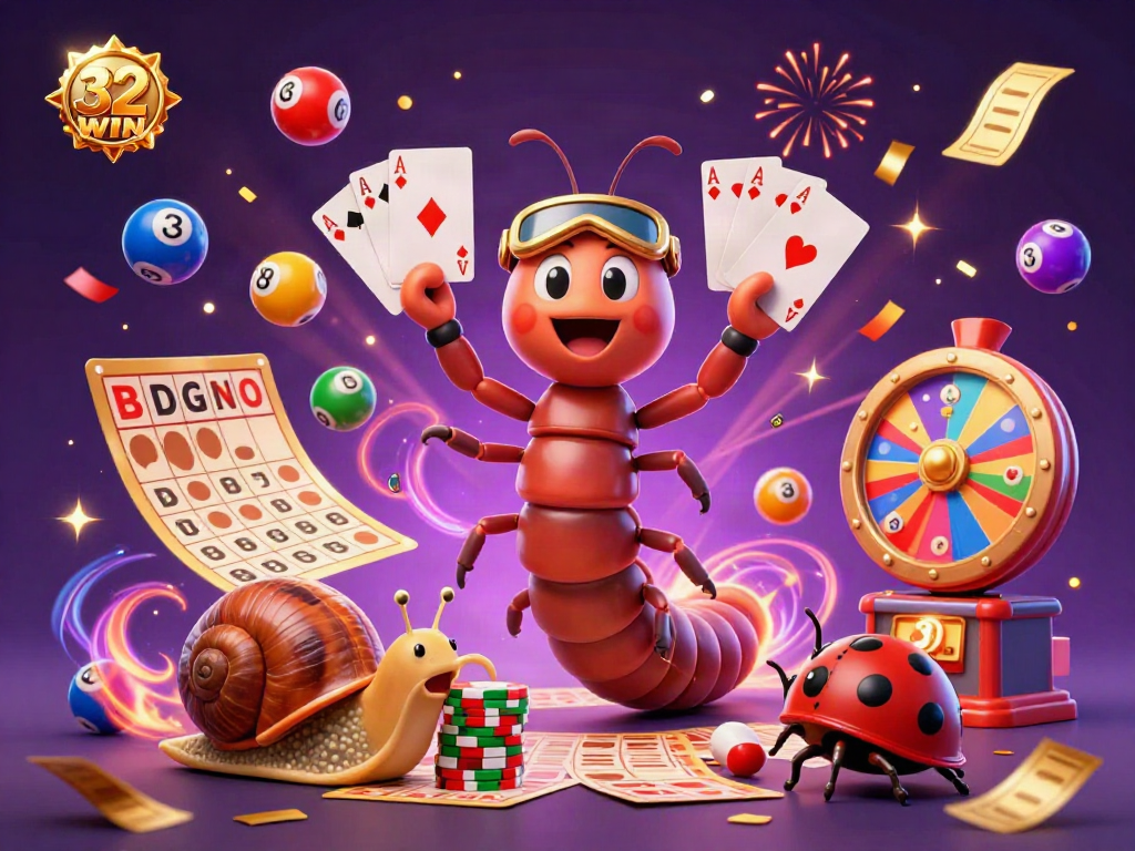 Experience the excitement of 32WIN with a cartoon millipede dealer, colorful lottery balls, and winning energy.