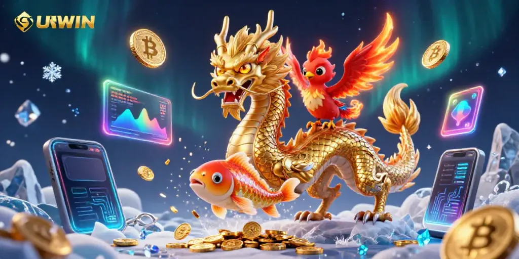 SUNWIN visualizes thrilling casino action with a golden dragon, vibrant phoenix, and koi fish amidst coins.