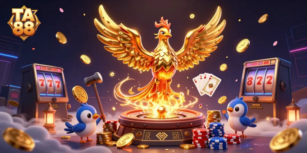 Engage with TA 88's exhilarating casino experience featuring golden phoenixes and vibrant gaming elements.
