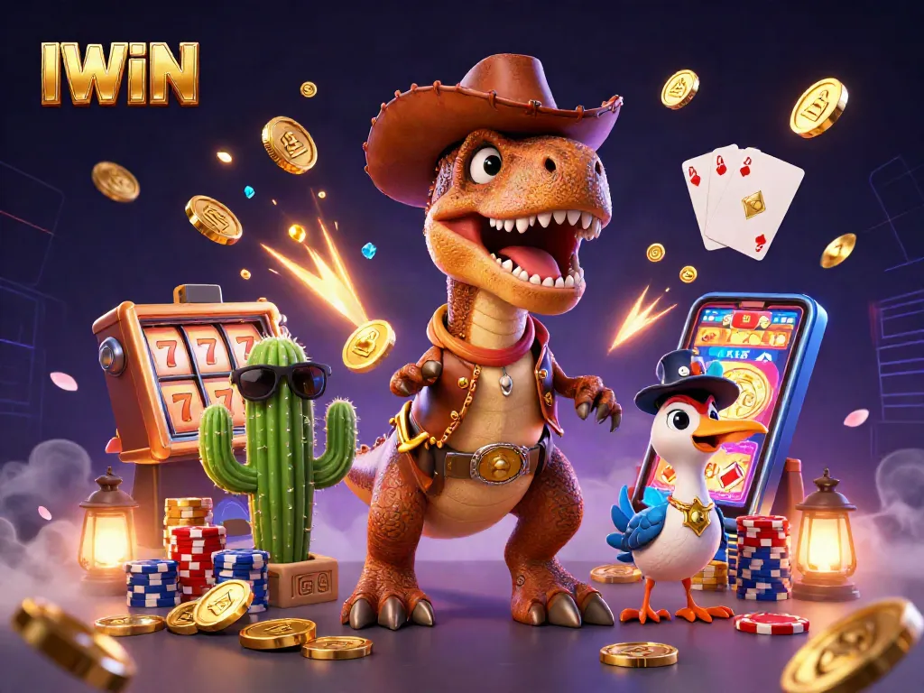IWIN slots come alive with a vibrant T-Rex, cactus, and roadrunner winning big surrounded by coins