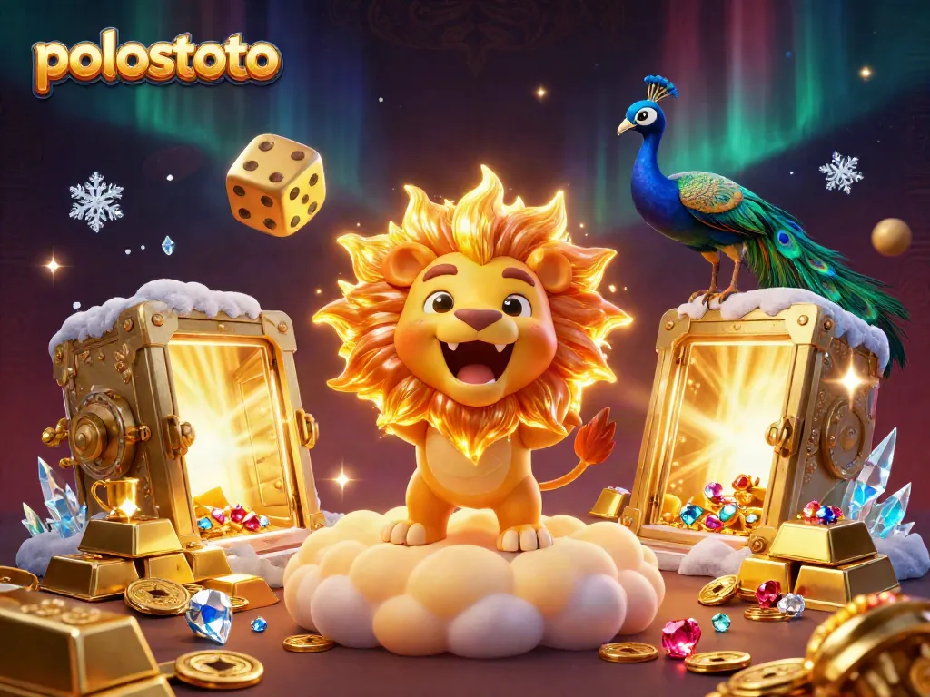 Experience gaming thrill with polostoto featuring a roaring lion and golden treasures in a vibrant casino atmosphere.