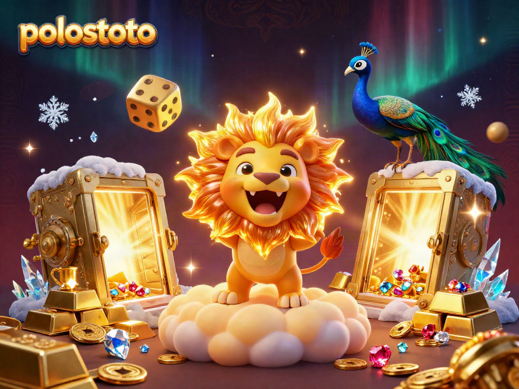 Experience gaming thrill with polostoto featuring a roaring lion and golden treasures in a vibrant casino atmosphere.