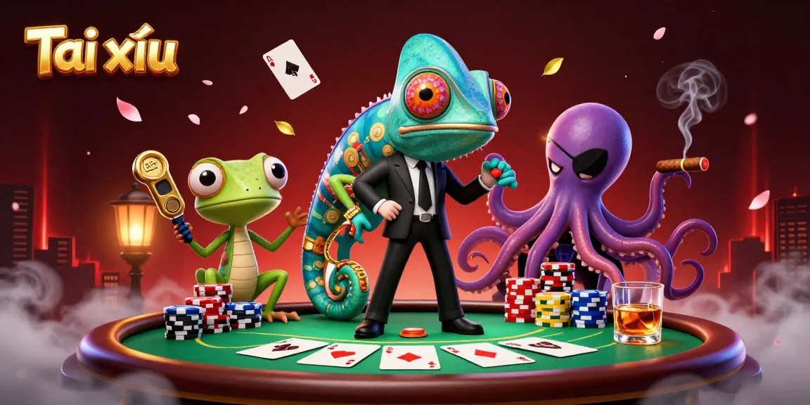 Engage in Tài xỉu gameplay with colorful chips, cards, and dynamic characters in a vibrant casino setting.