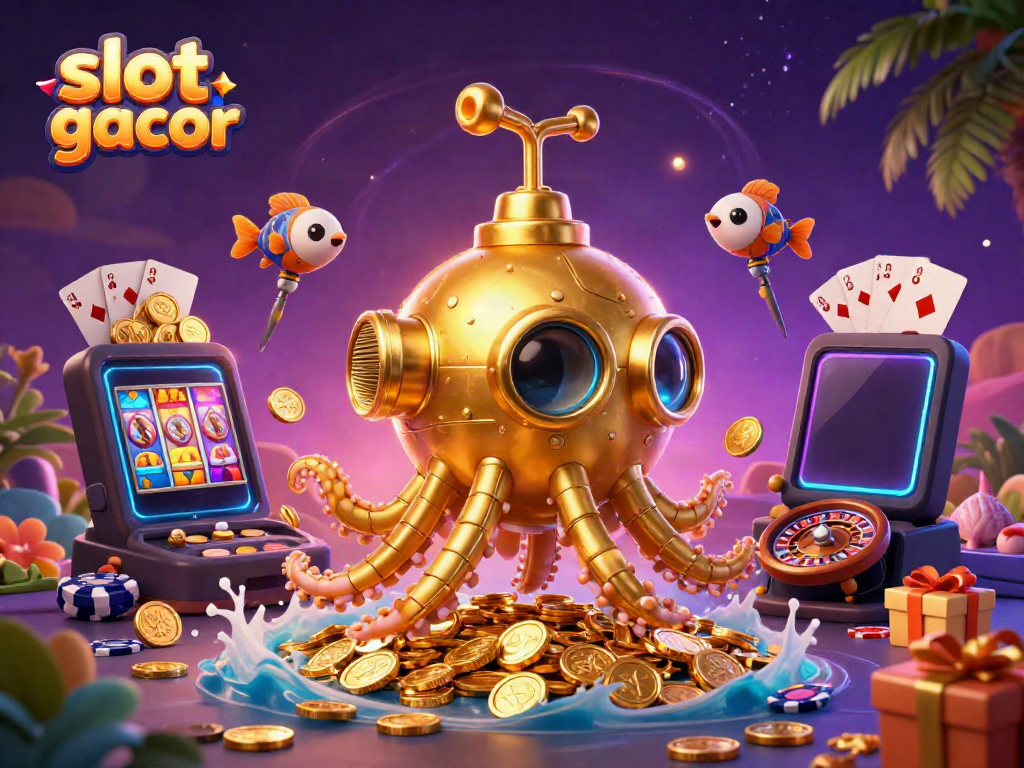 Experience the thrill of slot gacor with a vibrant 3D cartoon scene filled with energetic casino action.