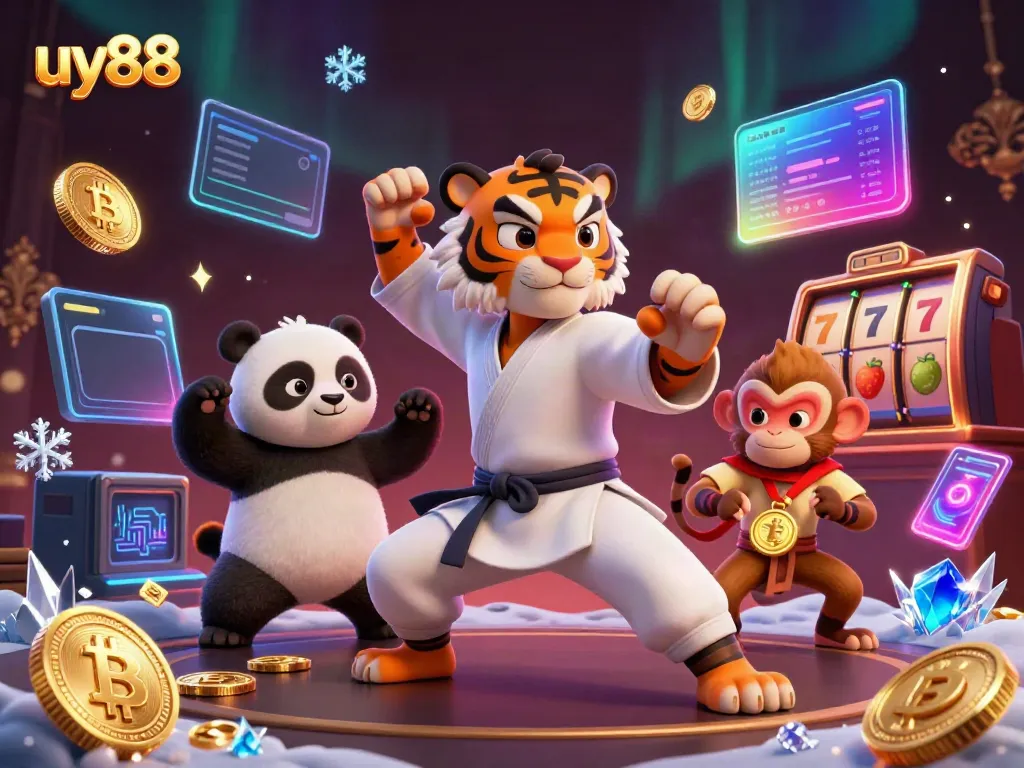 Experience gambling excitement with uy88 featuring a kung fu tiger and a golden medal in a dynamic 3D scene.