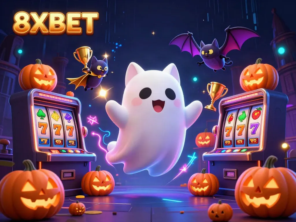 Experience thrilling 8XBET casino moments with an enchanting ghost cat and bat companion.