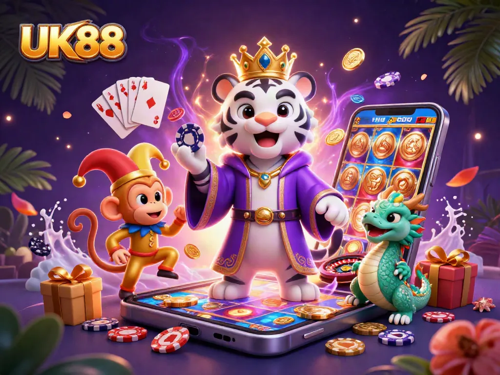 Engaging UK88 casino scene featuring a royal tiger with a golden crown, vibrant slots, and playful elements.