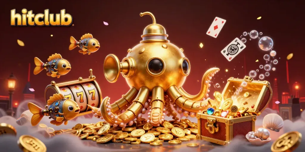 Experience the thrill at hitclub with a vibrant 3D scene featuring gold coins and slot reels.