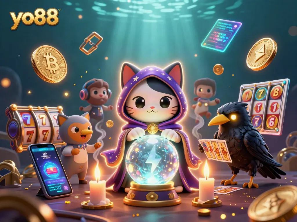 Explore thrilling games at yo88 with 3D mystic characters and crypto themes in a vibrant casino scene.