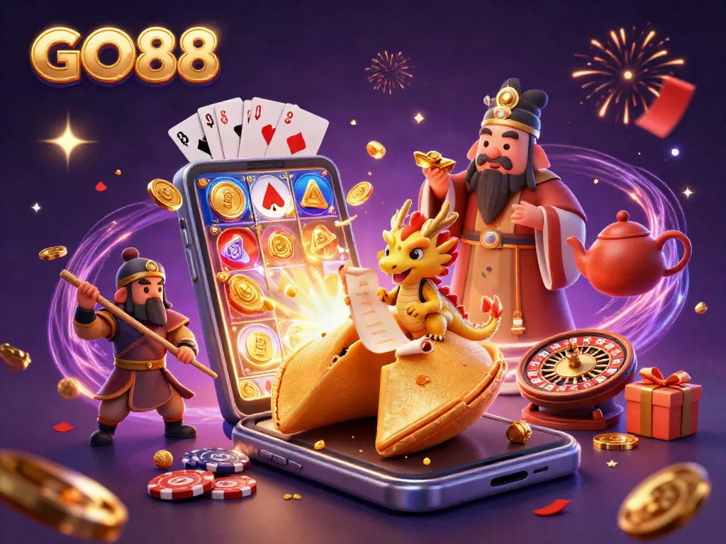 Experience the excitement of GO88 with a vibrant 3D casino scene featuring slot games, golden treasures, and magical elements.