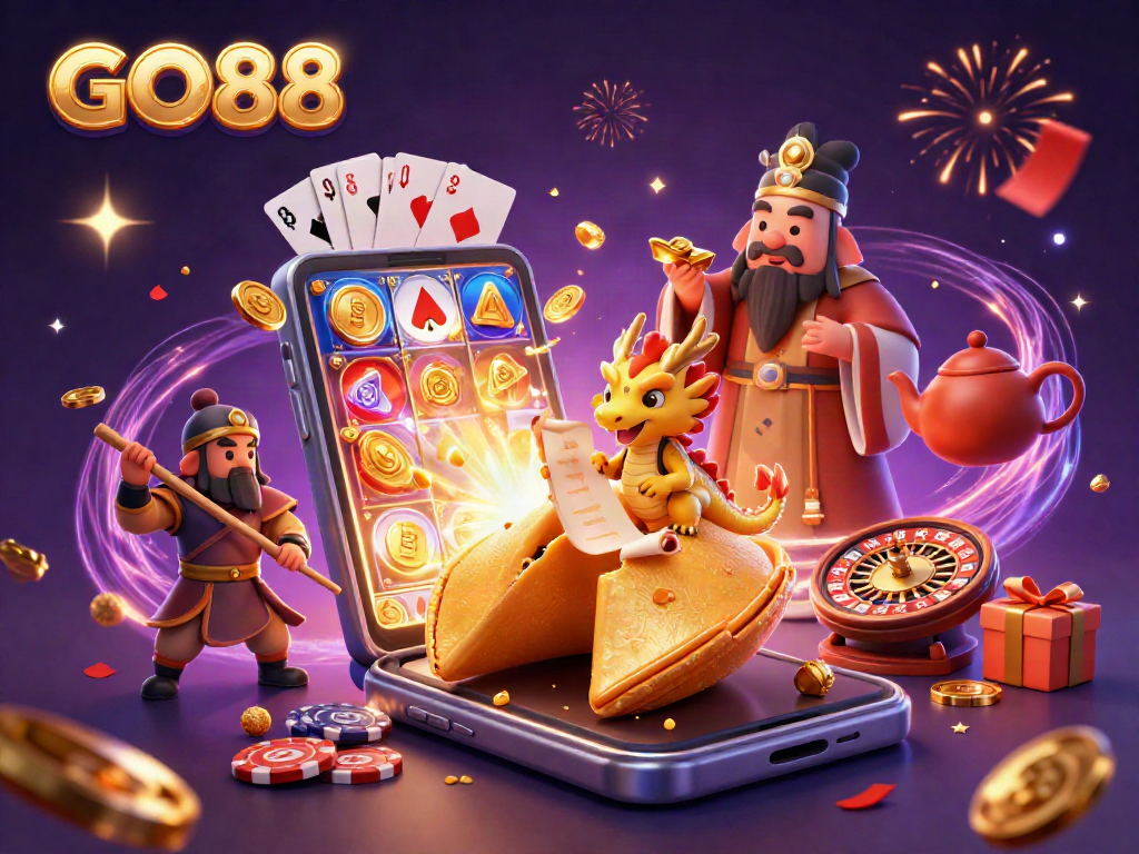 Experience the excitement of GO88 with a vibrant 3D casino scene featuring slot games, golden treasures, and magical elements.