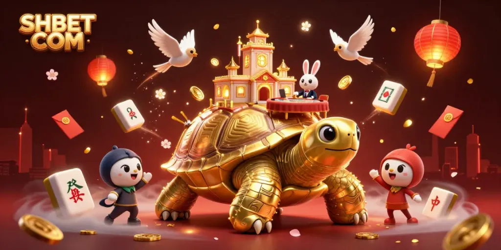 Experience the vibrant thrill of SHBET COM with a stunning casino scene featuring a tortoise palace and flying coins.