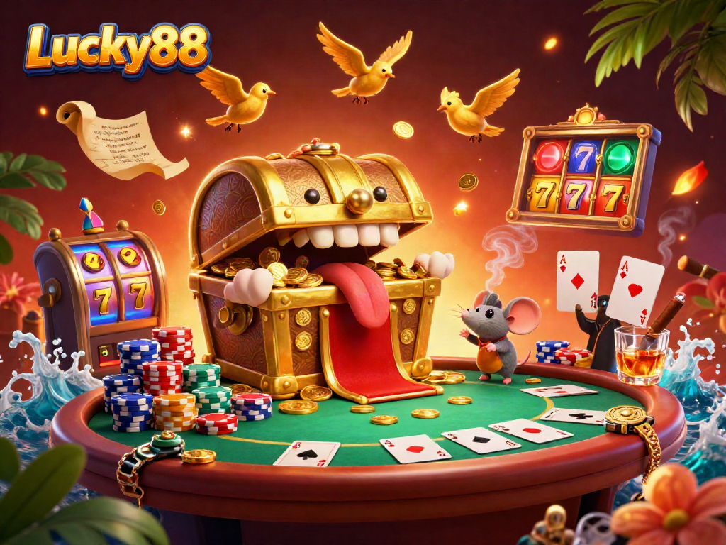 Experience the excitement of Lucky88 with vibrant slot machines, poker elements, and treasure chests.