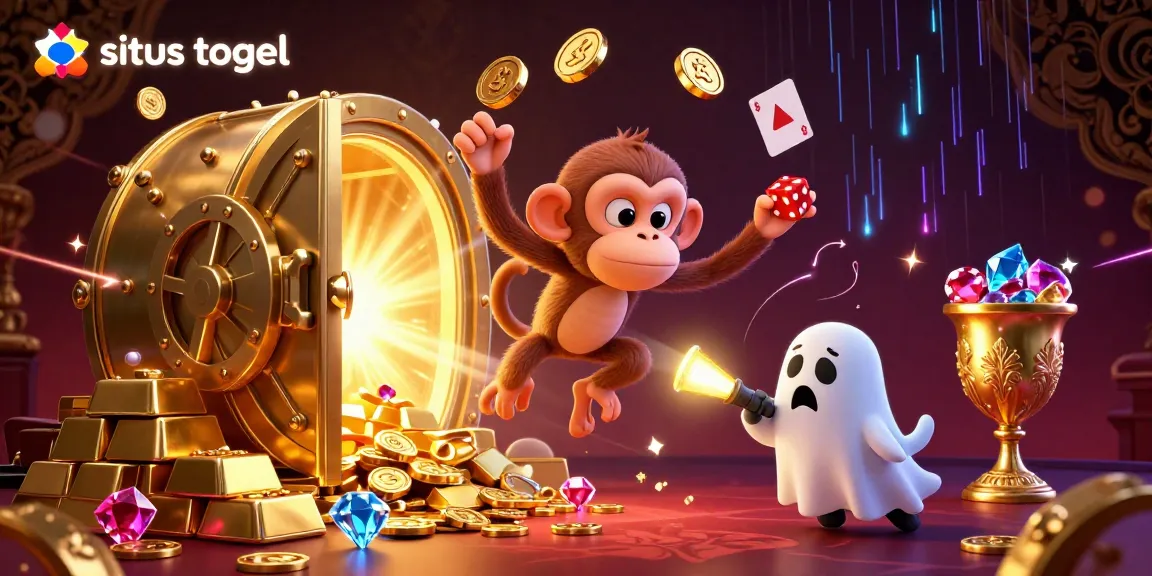 The mischievous poltergeist monkey juggles golden coins in a haunted casino, attracting the curious attention of a ghost-hunter puppy while showcasing the exciting world of situs togel.