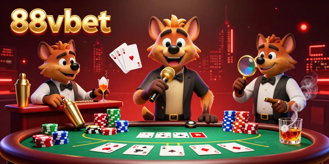 Engage in humor and thrills at 88vbet casino with lively hyenas entertaining and serving drinks.