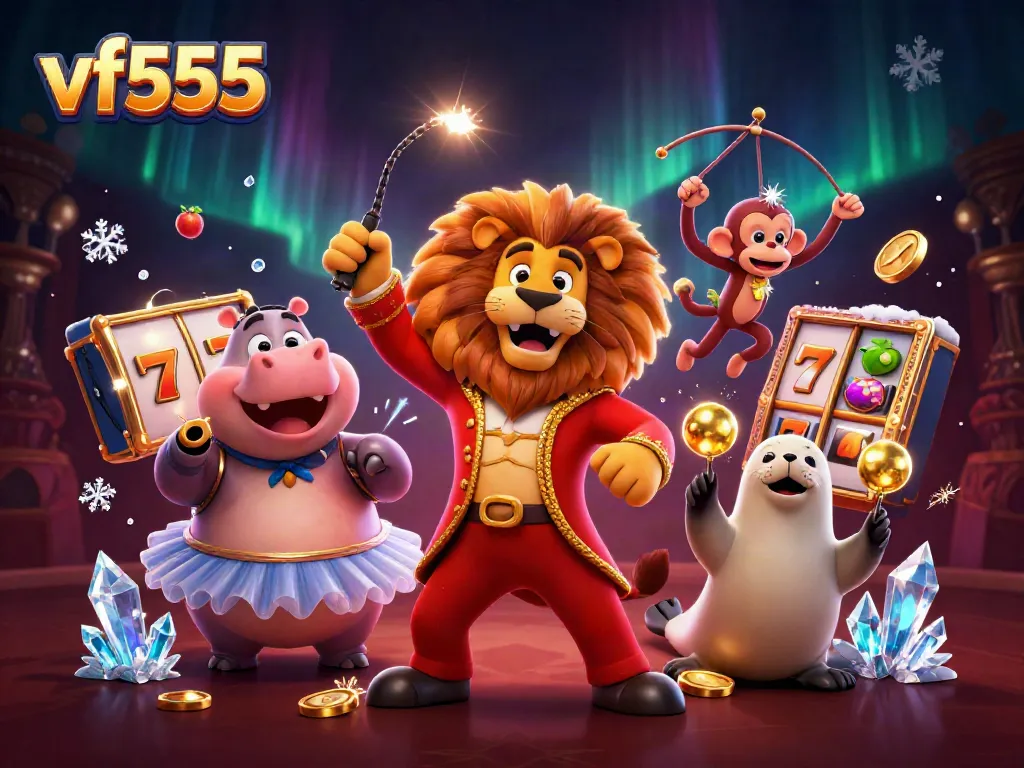 Explore vf555's vibrant casino scene with animated characters and lucky symbols.