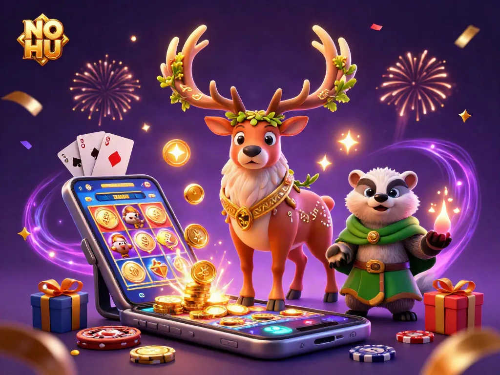 Spin the reels and win big with NO HU at this vibrant online casino illustration featuring enchanting characters.