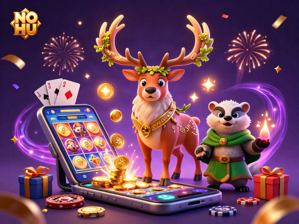 Spin the reels and win big with NO HU at this vibrant online casino illustration featuring enchanting characters.
