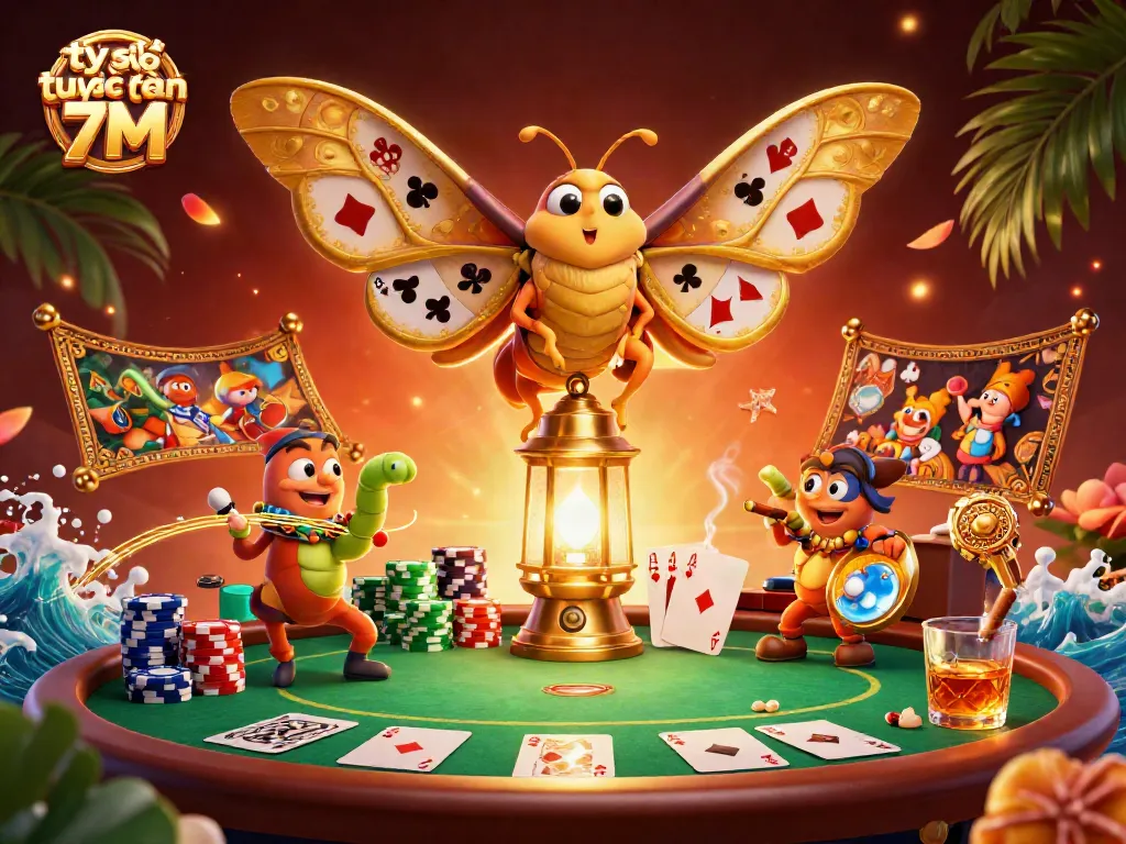 Engage with tỷ số trực tuyến 7M through an immersive casino scene featuring a butterfly and vibrant poker elements.
