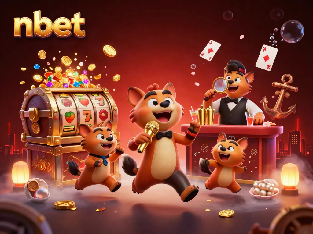 Hyenas manage an exciting nbet casino club with comedy and cocktails, showcasing vibrant gaming elements.
