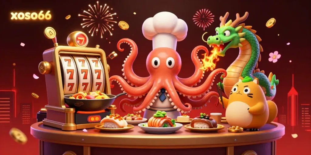 Experience winning moments at xoso66 casino with a lively scene featuring an octopus chef and a dragon amidst golden slots and coins.