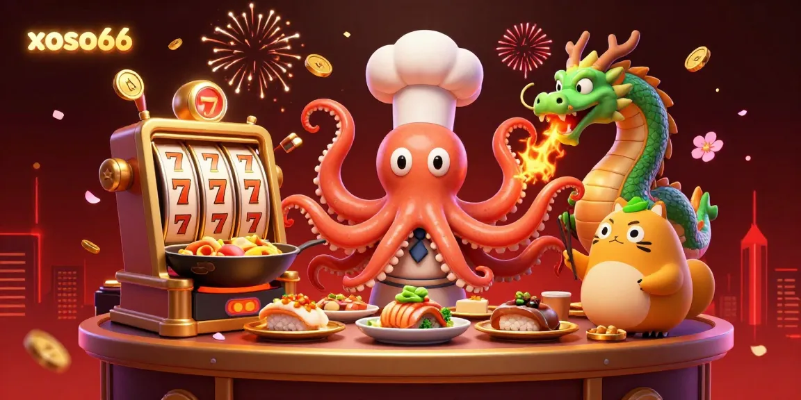 Experience winning moments at xoso66 casino with a lively scene featuring an octopus chef and a dragon amidst golden slots and coins.