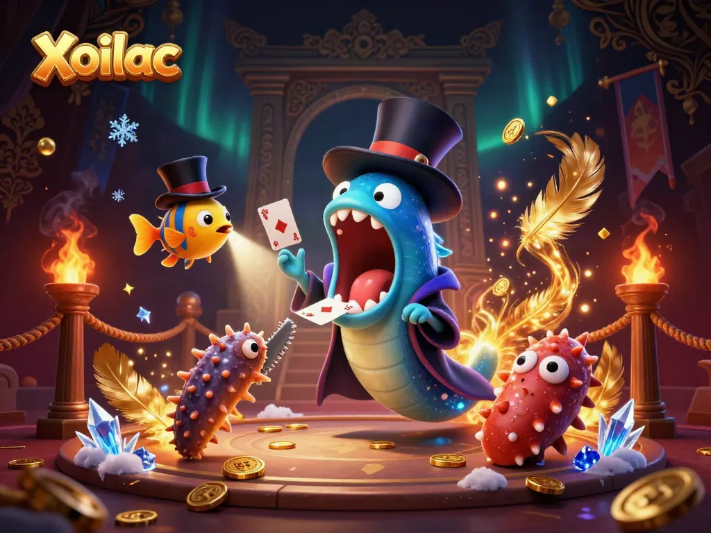 Xoilac shows a captivating scene with a bioluminescent gulper eel performing magic during a casino night.