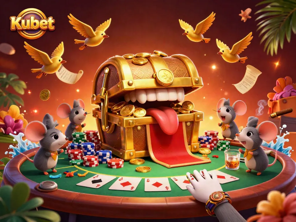 Kubet offers thrilling poker experiences with a treasure chest surrounded by colorful chips and cards.