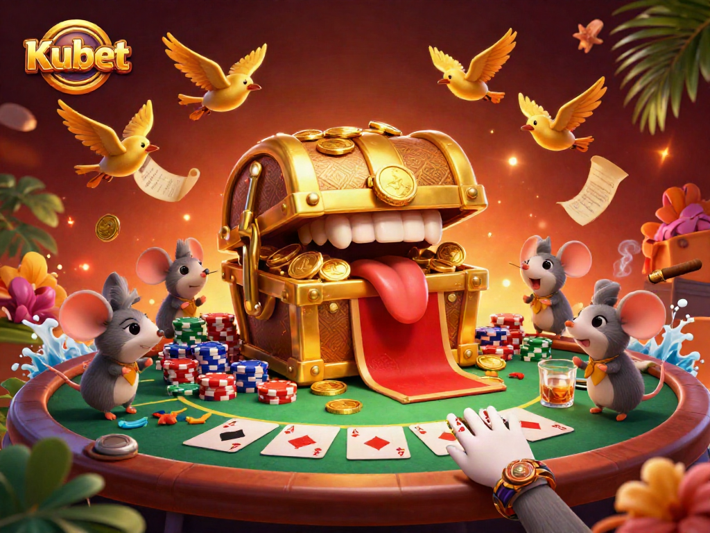 Kubet offers thrilling poker experiences with a treasure chest surrounded by colorful chips and cards.