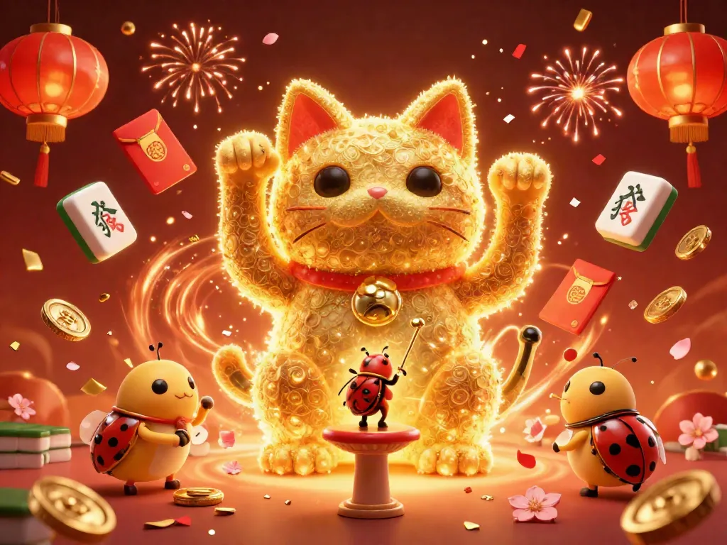 Experience the vibrant casino world of mu88no with a giant lucky cat and festive symbols.