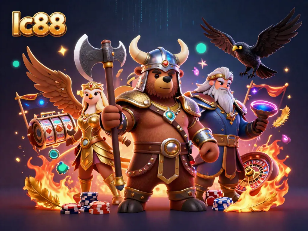 Engage with thrilling lc88 casino action featuring cartoon Viking and Valkyrie in lively scene.