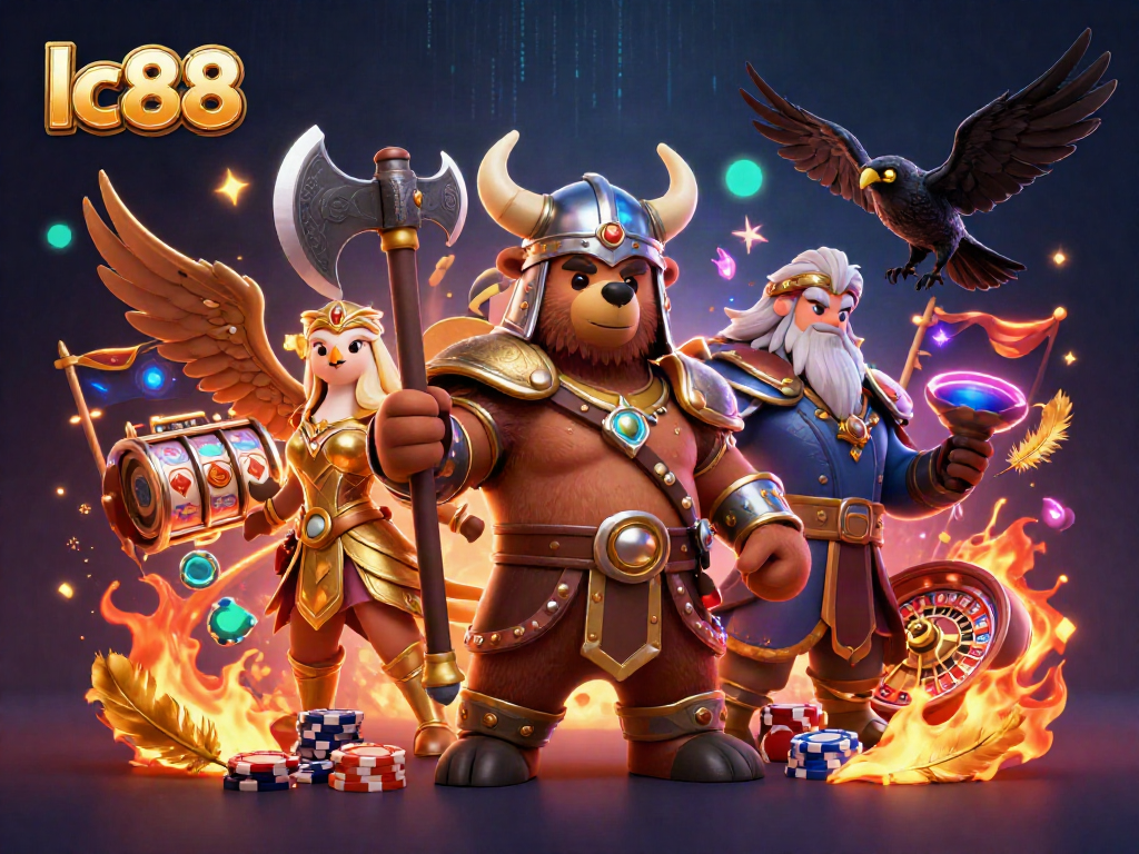 Engage with thrilling lc88 casino action featuring cartoon Viking and Valkyrie in lively scene.