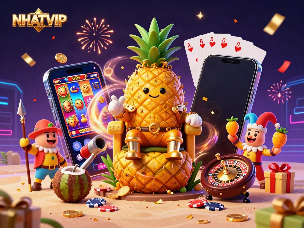 NhatVIP entertainment with a golden pineapple king and casino elements in a vibrant beach scene.
