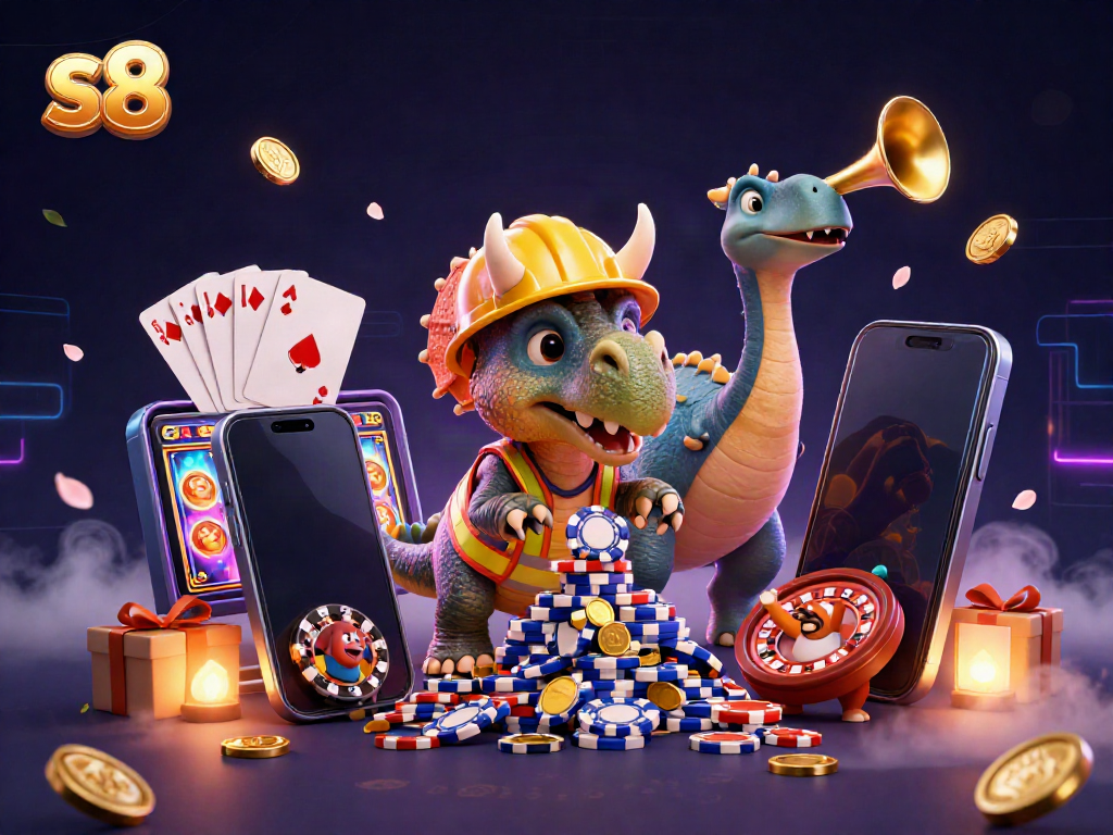 Engage with the vibrant energy of s8 casino, featuring cartoon dinosaurs celebrating in a dynamic gaming scene.