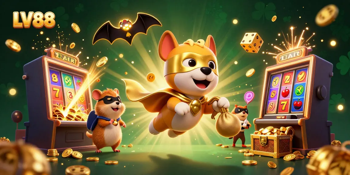 Experience LV88 with a superhero dog and hamster amidst gold coins and dynamic casino elements.